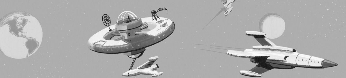 A grayscale image depicts three retro-futuristic spaceships flying away from what appears to be Earth.